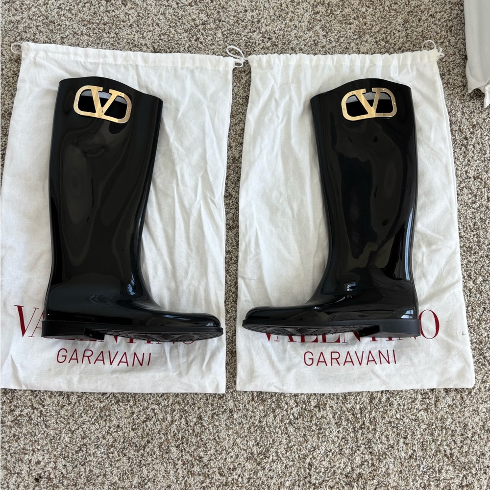Valentino Black Patent Leather Rain Boots with Gold Logo
